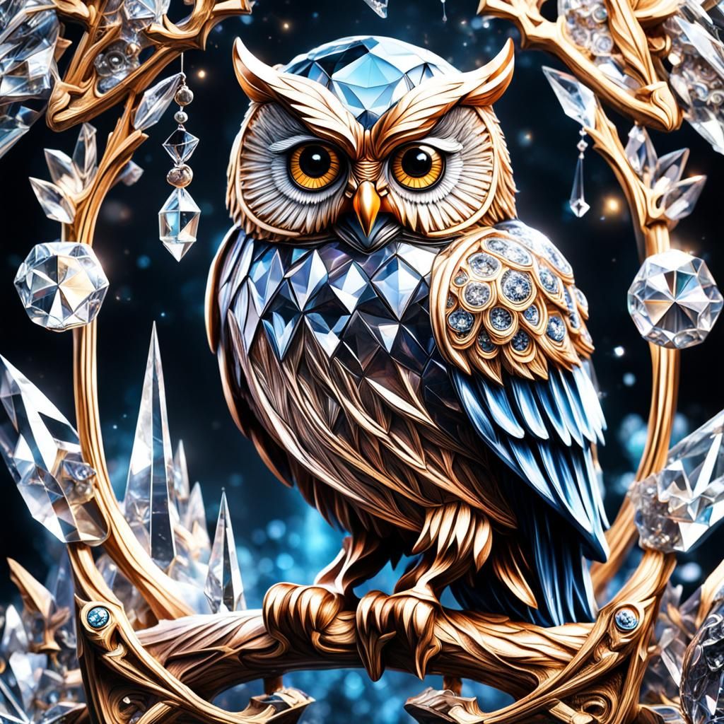 Hyperrealistic Crystal Owl in Sharp Focus