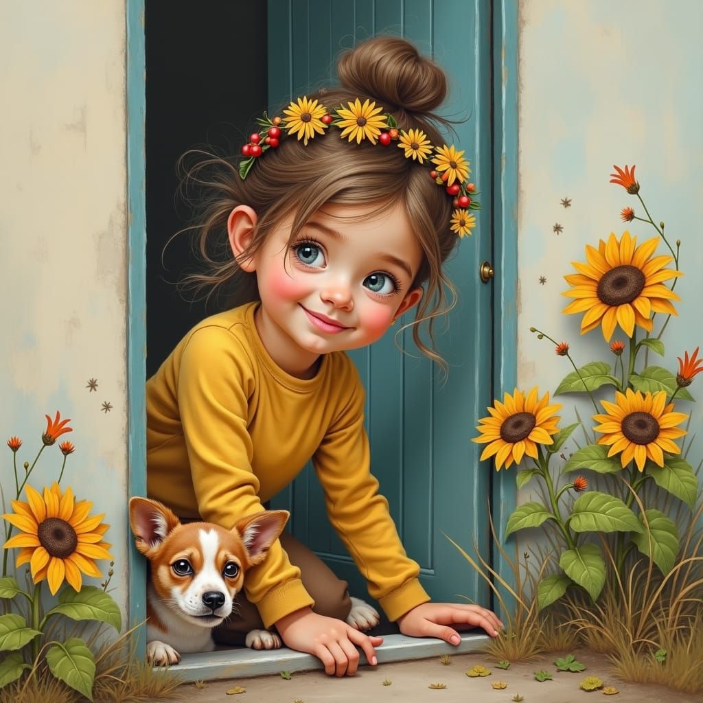 Girl and Dog Peeking in Autumn Colors