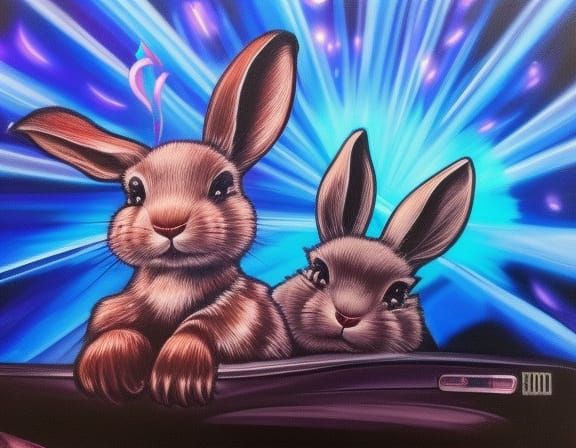 Bunny Drives Blue Convertible by Waterfall in Mysterious Lig...