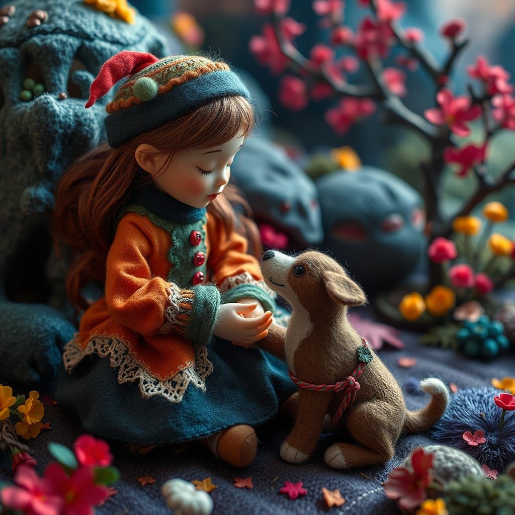 Detailed Felt Doll with Dog in Felt World