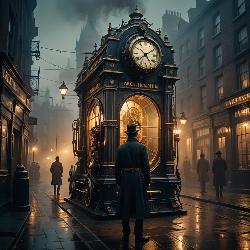 Victorian Time Traveler in Foggy London Street