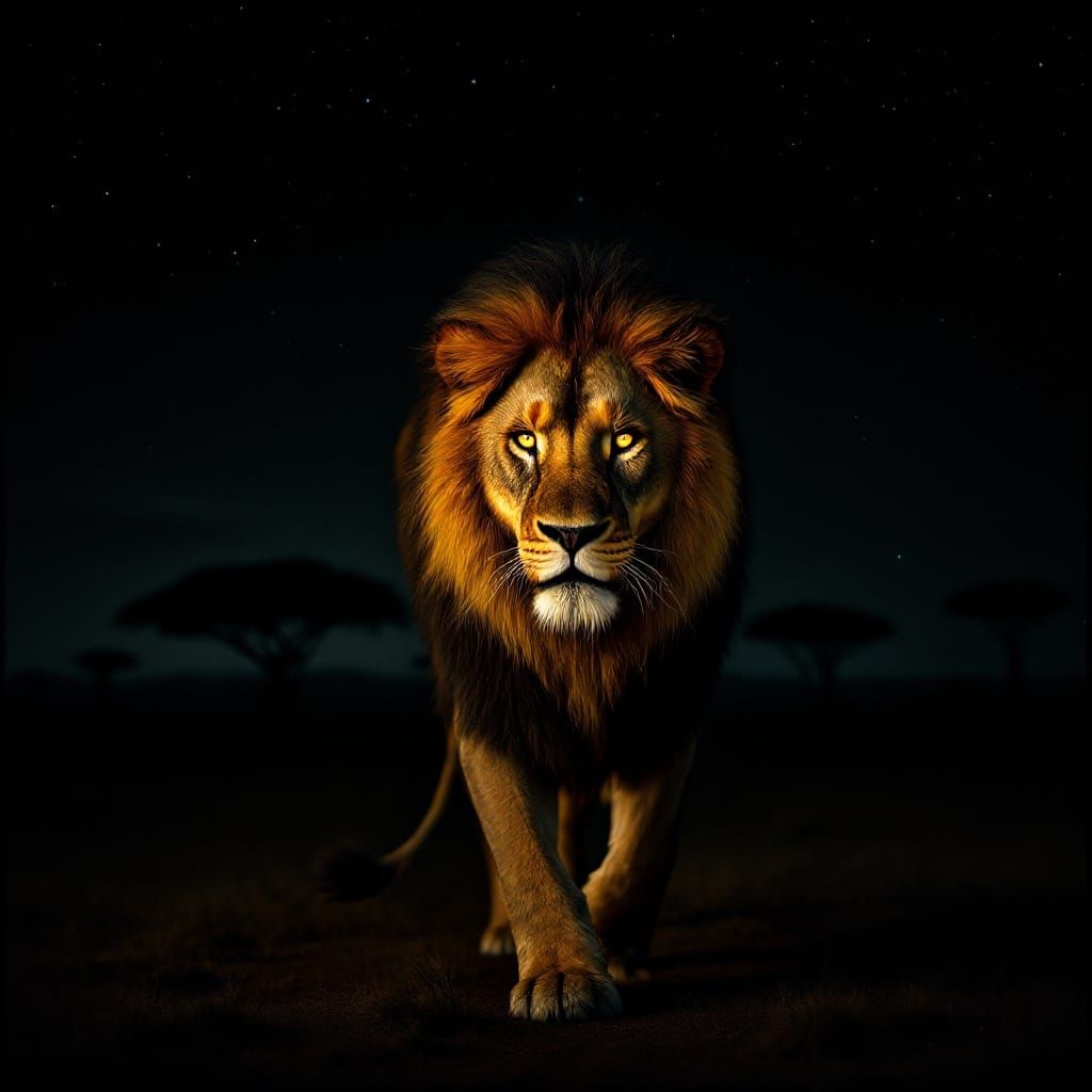 Majestic Lion Walks Savannah at Night