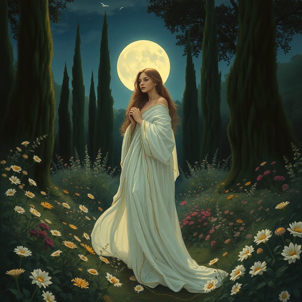 Psyché in Moonlit Garden: A Pre-Raphaelite Vision