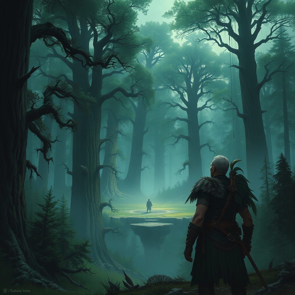 Ethereal Warrior Stands Amidst Ancient Trees in Twilight Str...