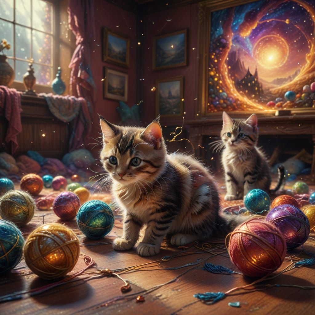 Whimsical Kitten Wonderland in Vibrant Hyperdetailed Art
