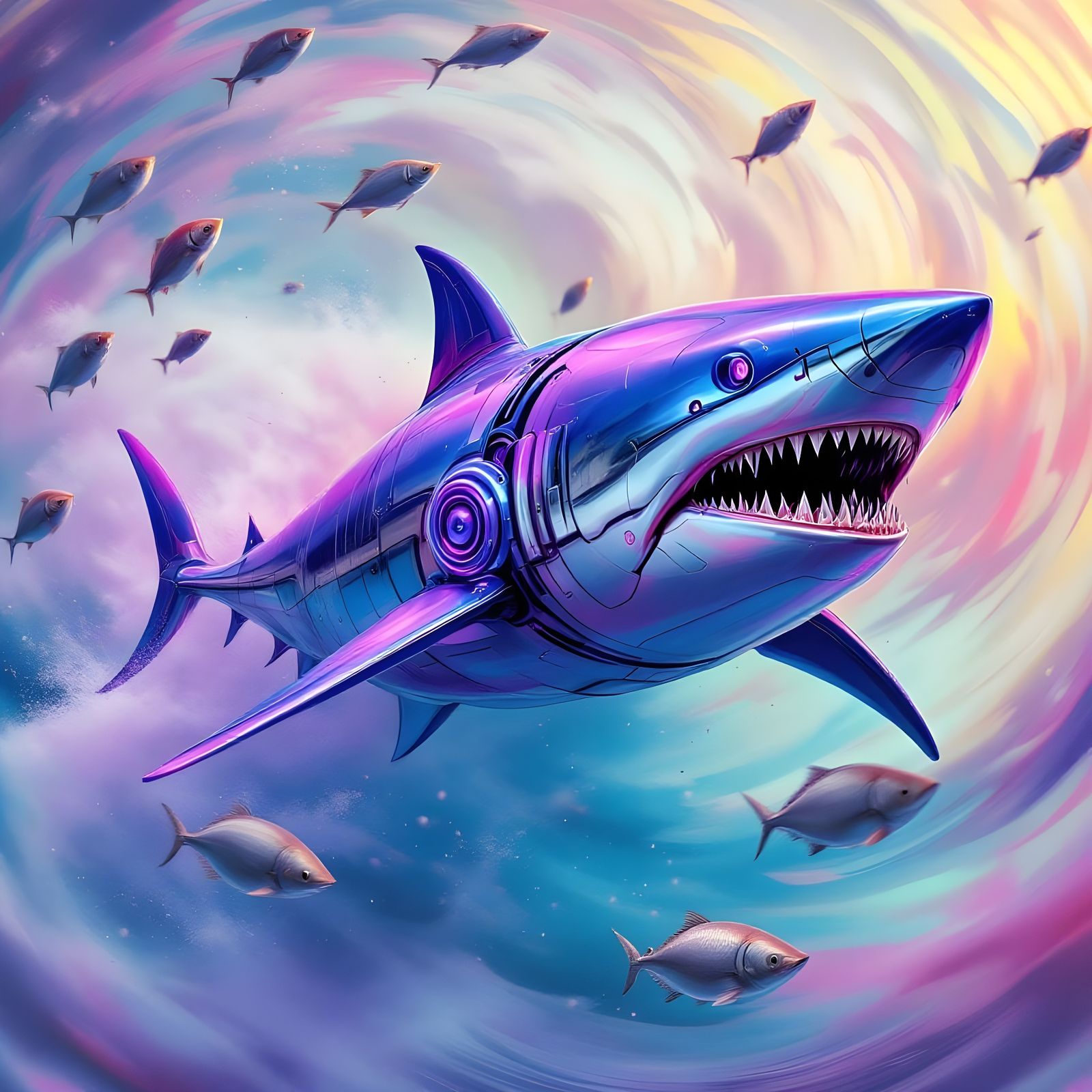 Chrome Mako Shark in 80s Vaporwave Airbrush Art