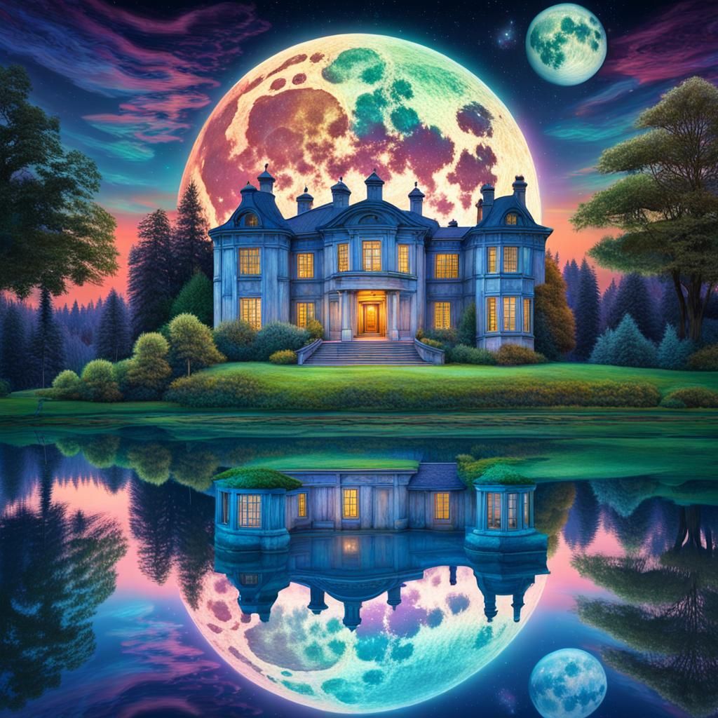 Country Mansion Reflecting Full Moon: Cosmic Illustration