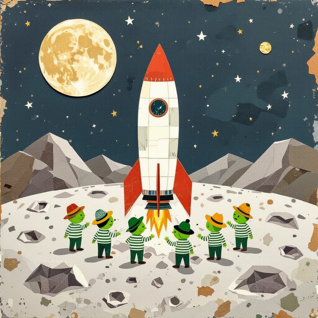 Whimsical Rocket on Moon with Green Moon Men