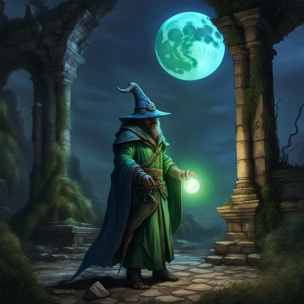 Dragonborn Wizard at Forgotten Ruins in Dark Fantasy Style