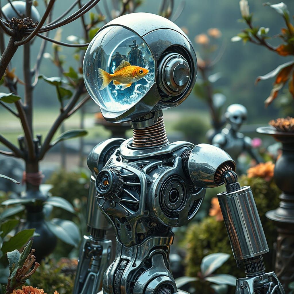 Robot with Aquatic Head in Futuristic Garden