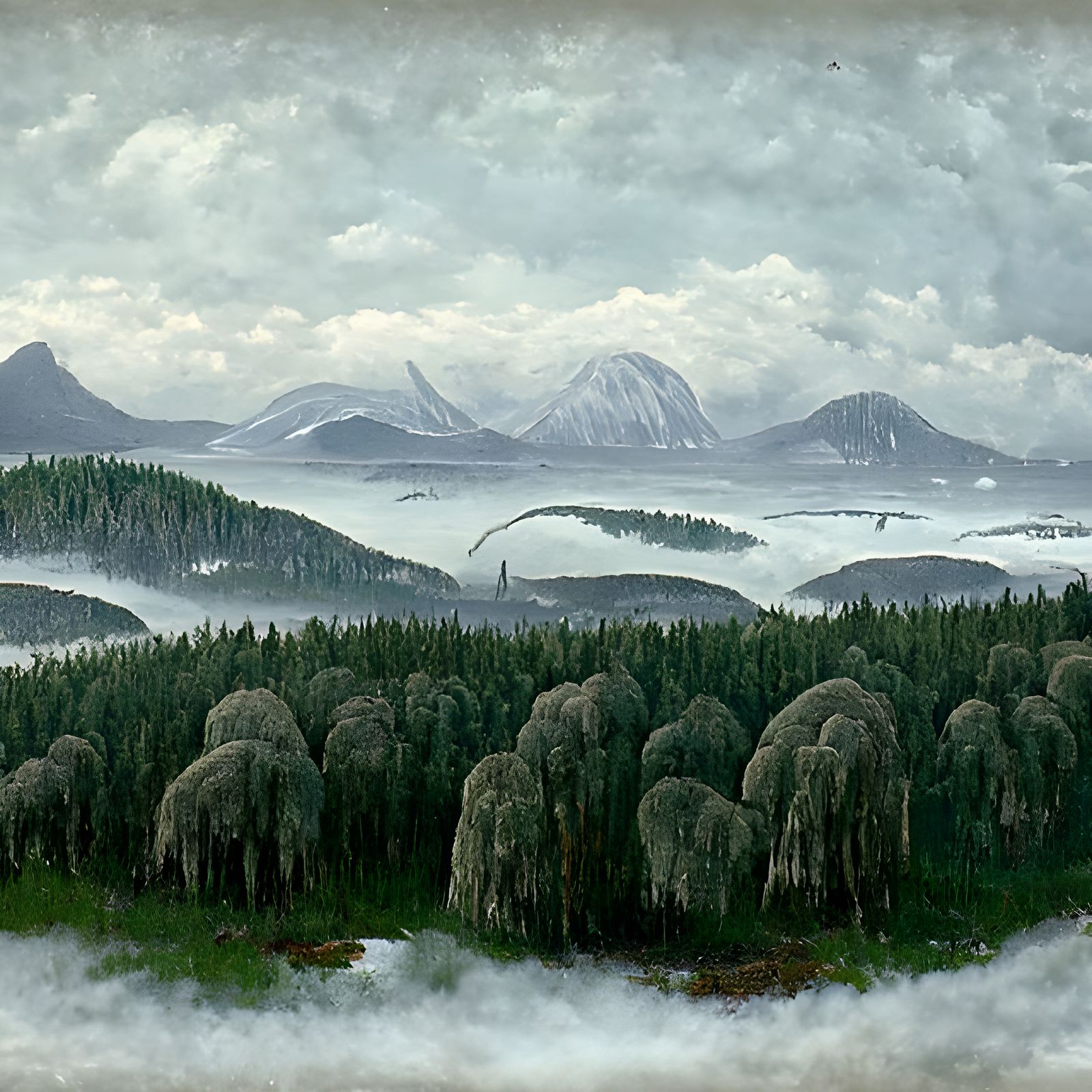 Misty Nordic Forest Inspired by Theodor Kittelsen