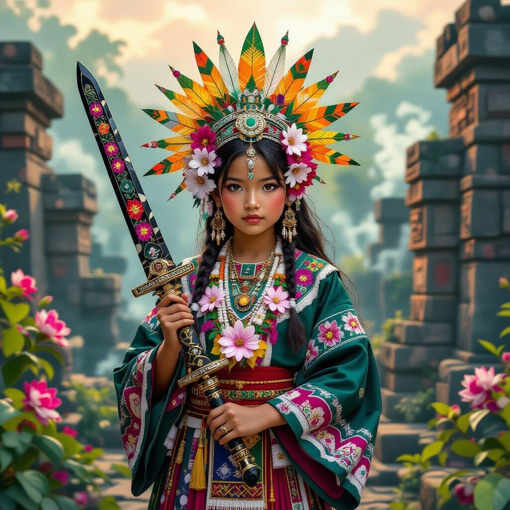 Aztec Girl with Obsidian Sword in Anime Manga Style