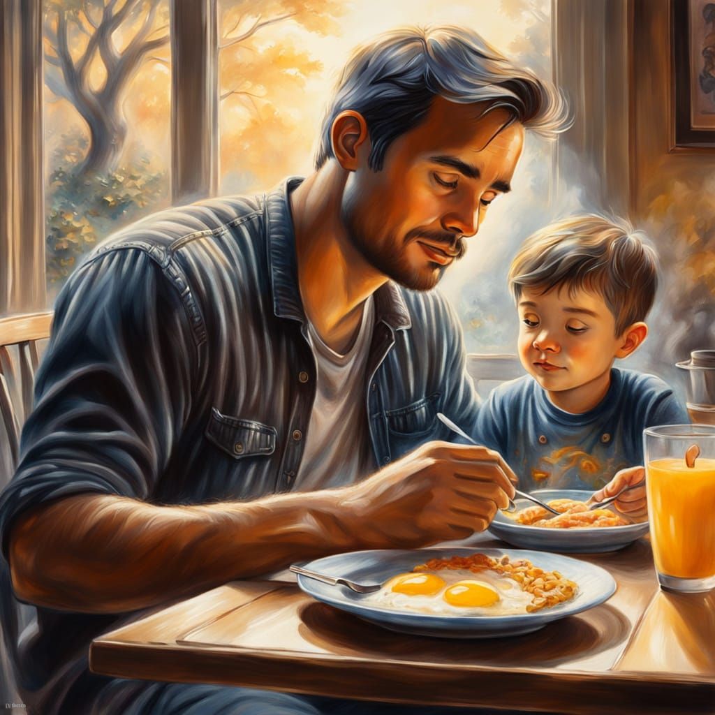Father and Son Breakfast: Ethereal Gouache Charcoal Drawing