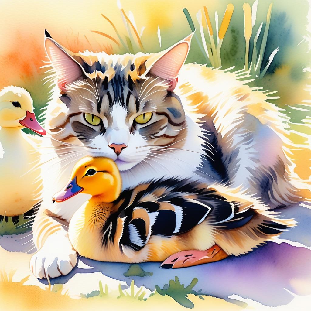 Cat and Duckling in Pastel Watercolor Sunlight
