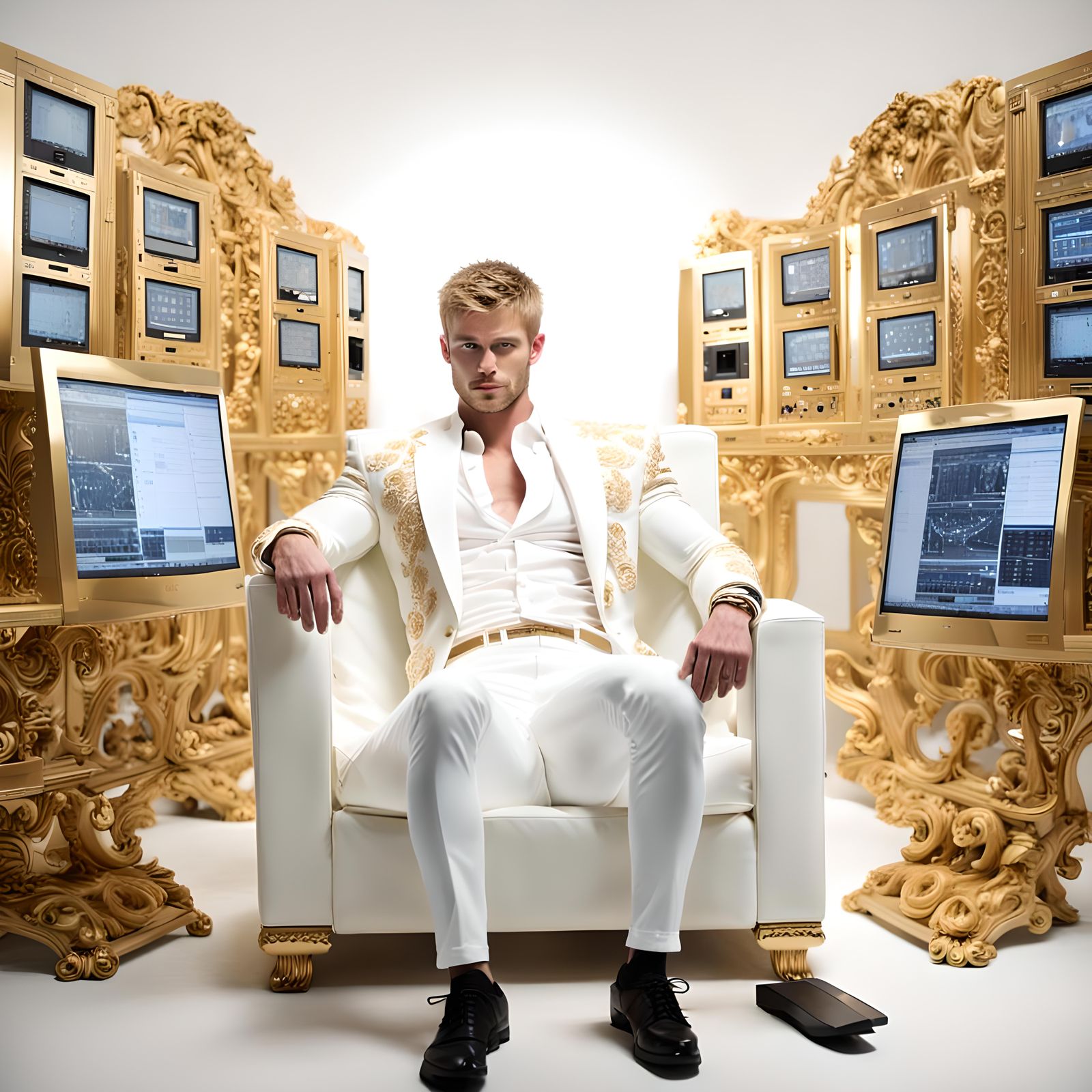 Hypermuscular Man on Throne in White and Gold