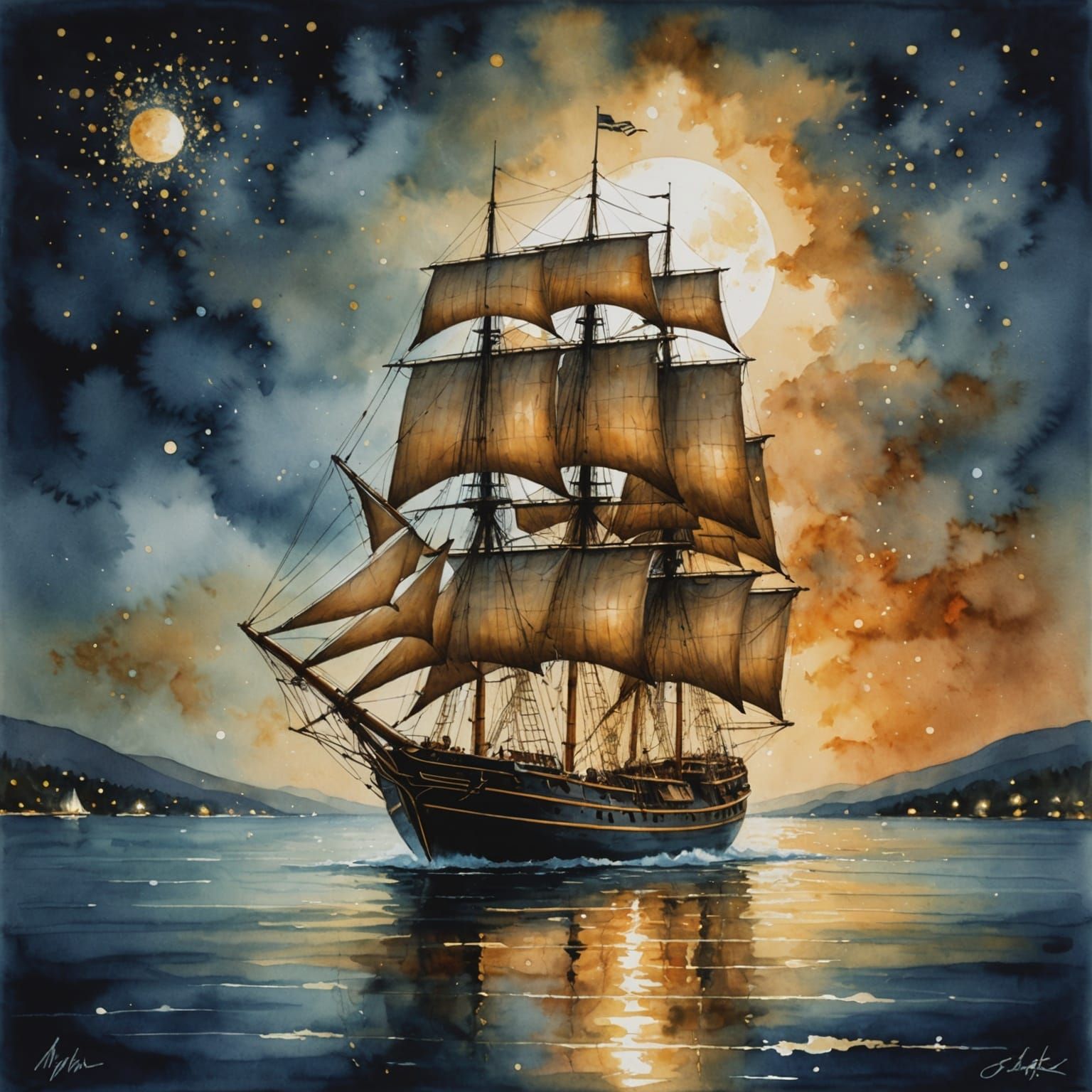 Moonlit Sailboat Painting with Gold Sparkles