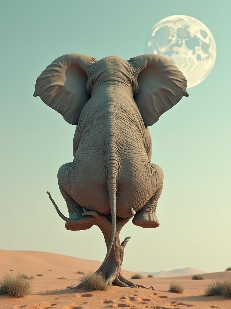 Surreal Elephant on a Branch Under Moonlight