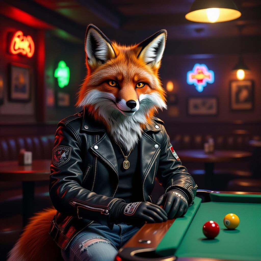Biker Fox Playing Billiards in Dimly Lit Pub