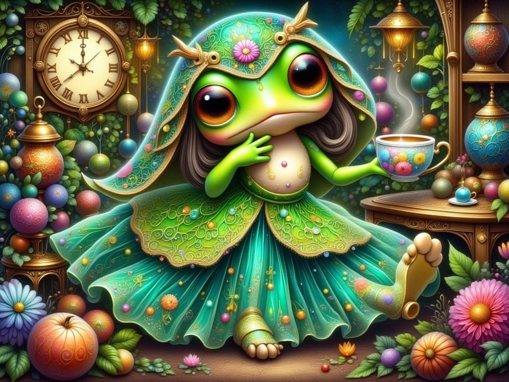 Whimsical Green Frog Princess in a Tropical Fantasy Scene