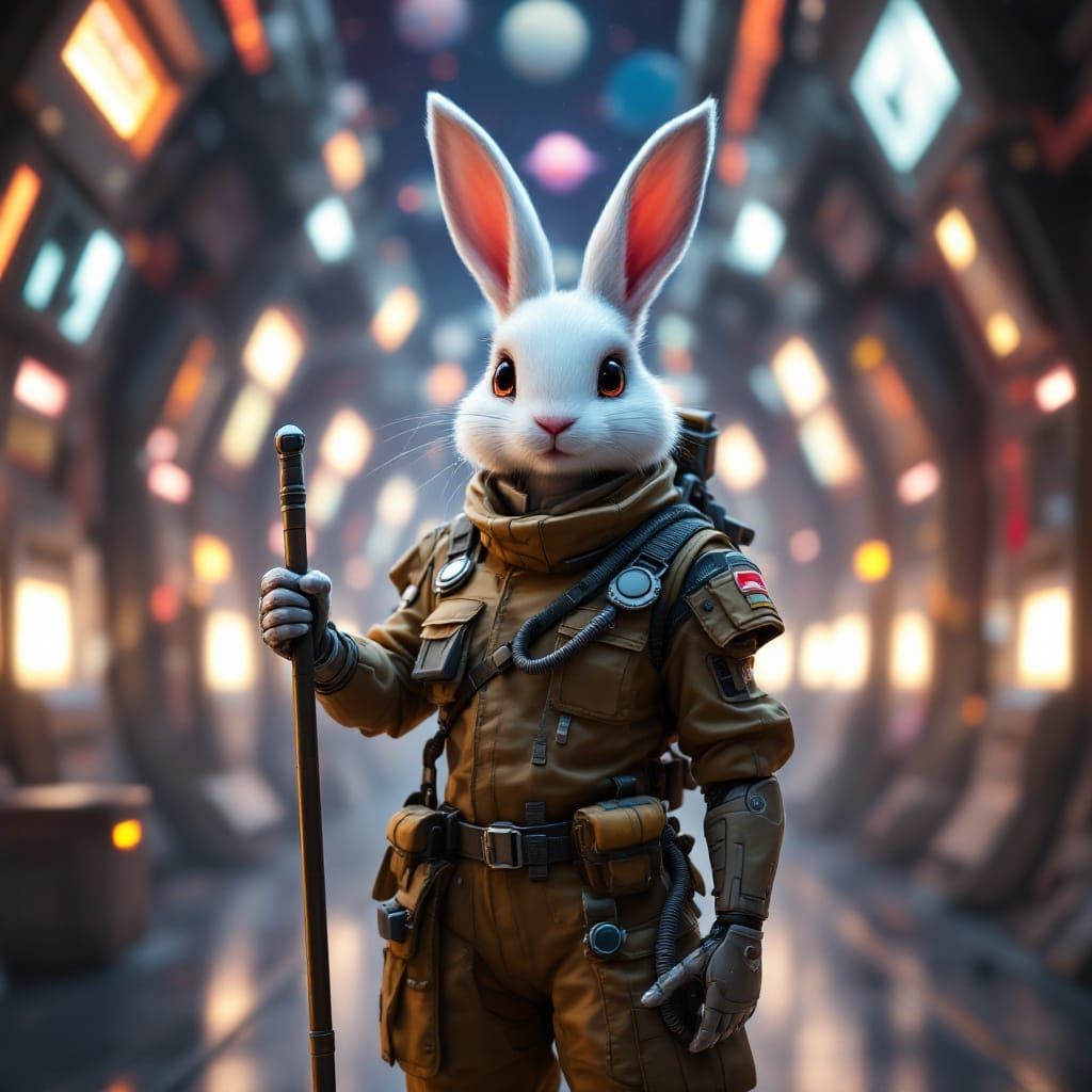 Cyborg Rabbit Janitor in Futuristic Space Station