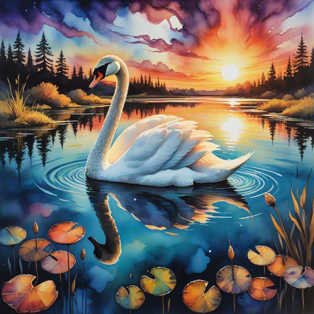 Ethereal Sunset Swan in Alcohol Ink Art