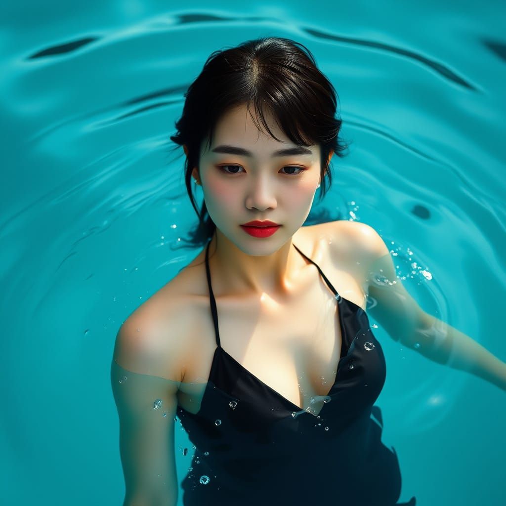 Serene Japanese Woman Swimming in Turquoise Water
