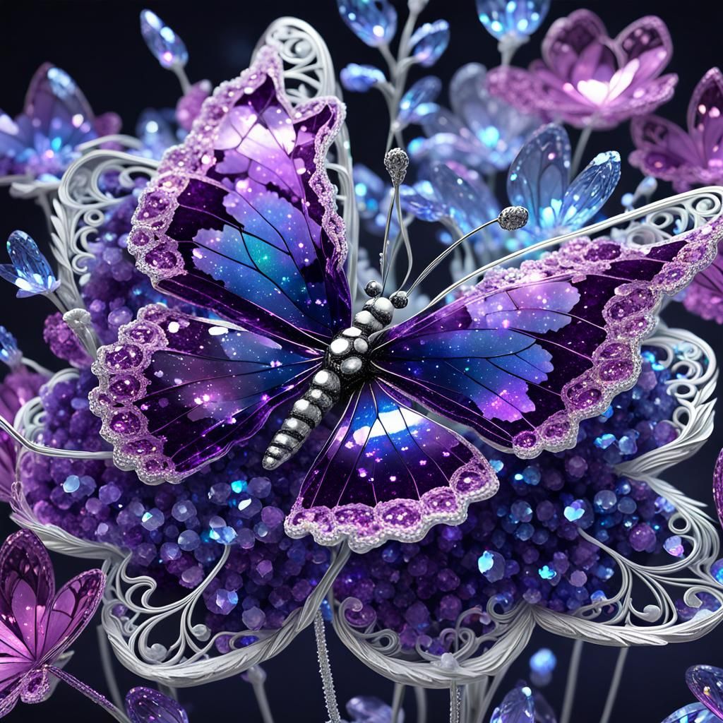 Crystal Night Butterfly on Flower, Graffiti Art