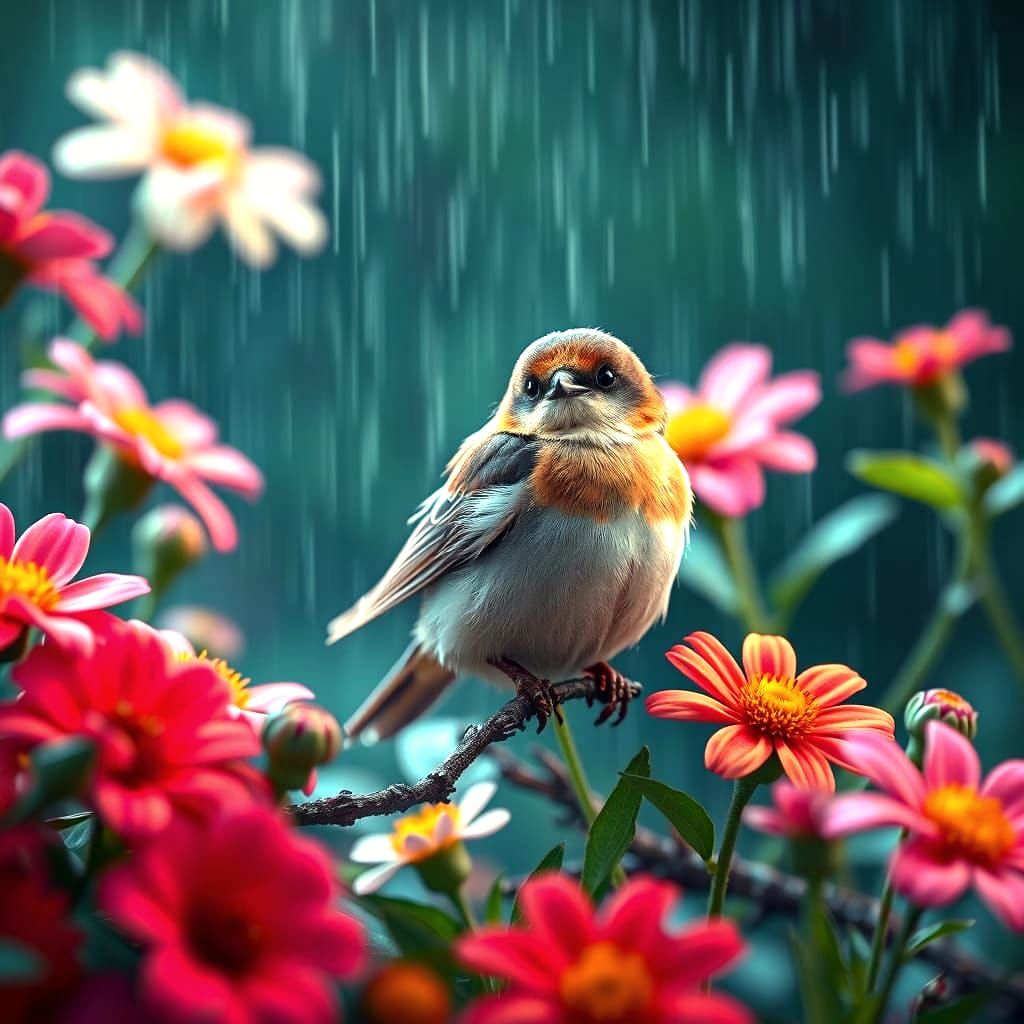 Cute Swift Bird in Rainy Floral Scene