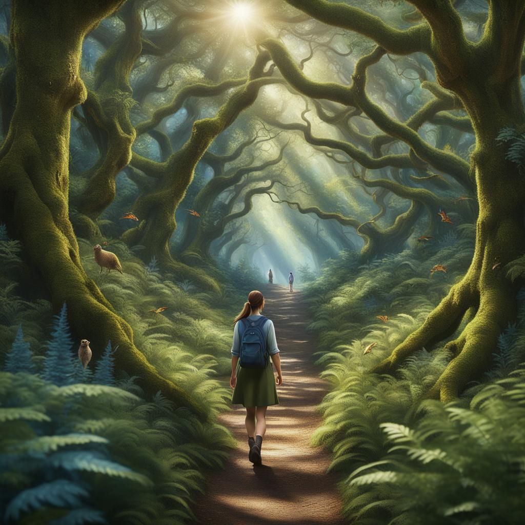 Enchanted Forest Scene with Girl in Hyperrealism