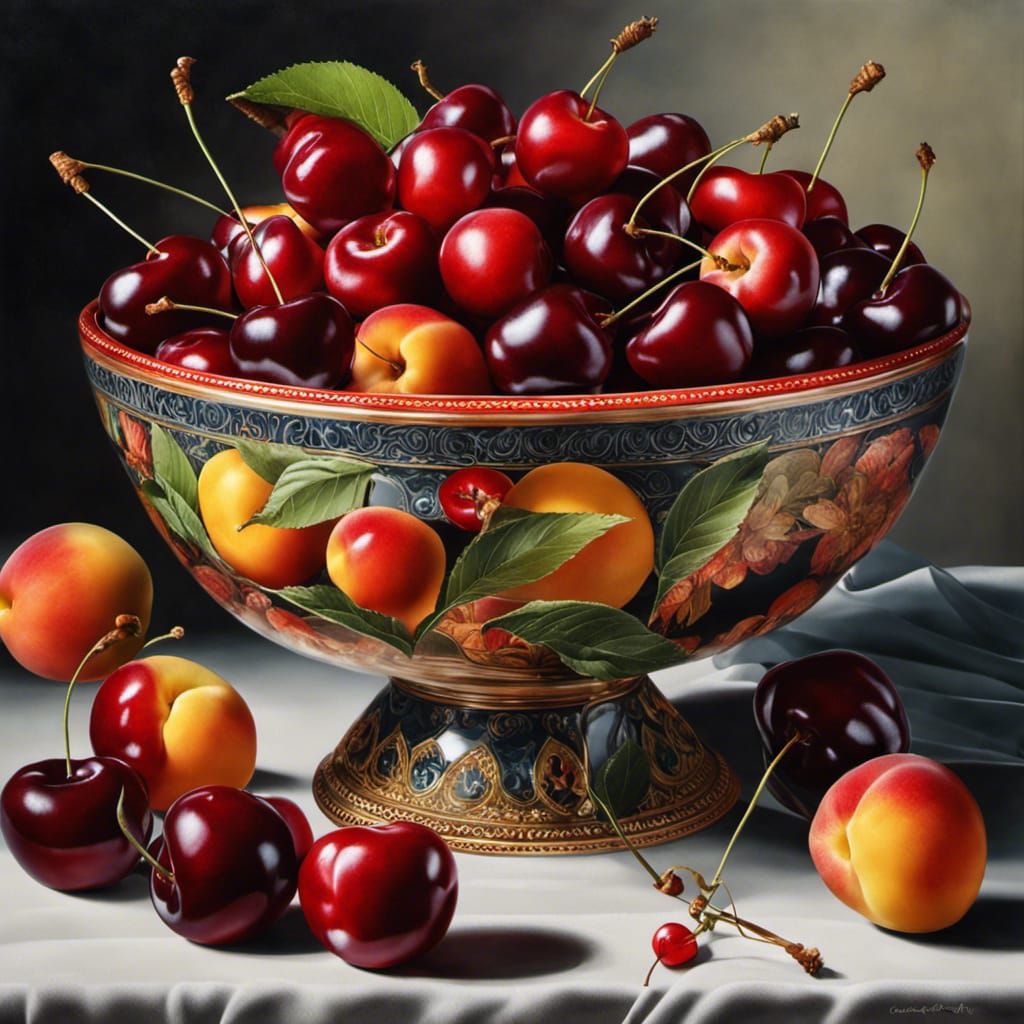 Hyperrealistic Cherries and Nectarines Still Life