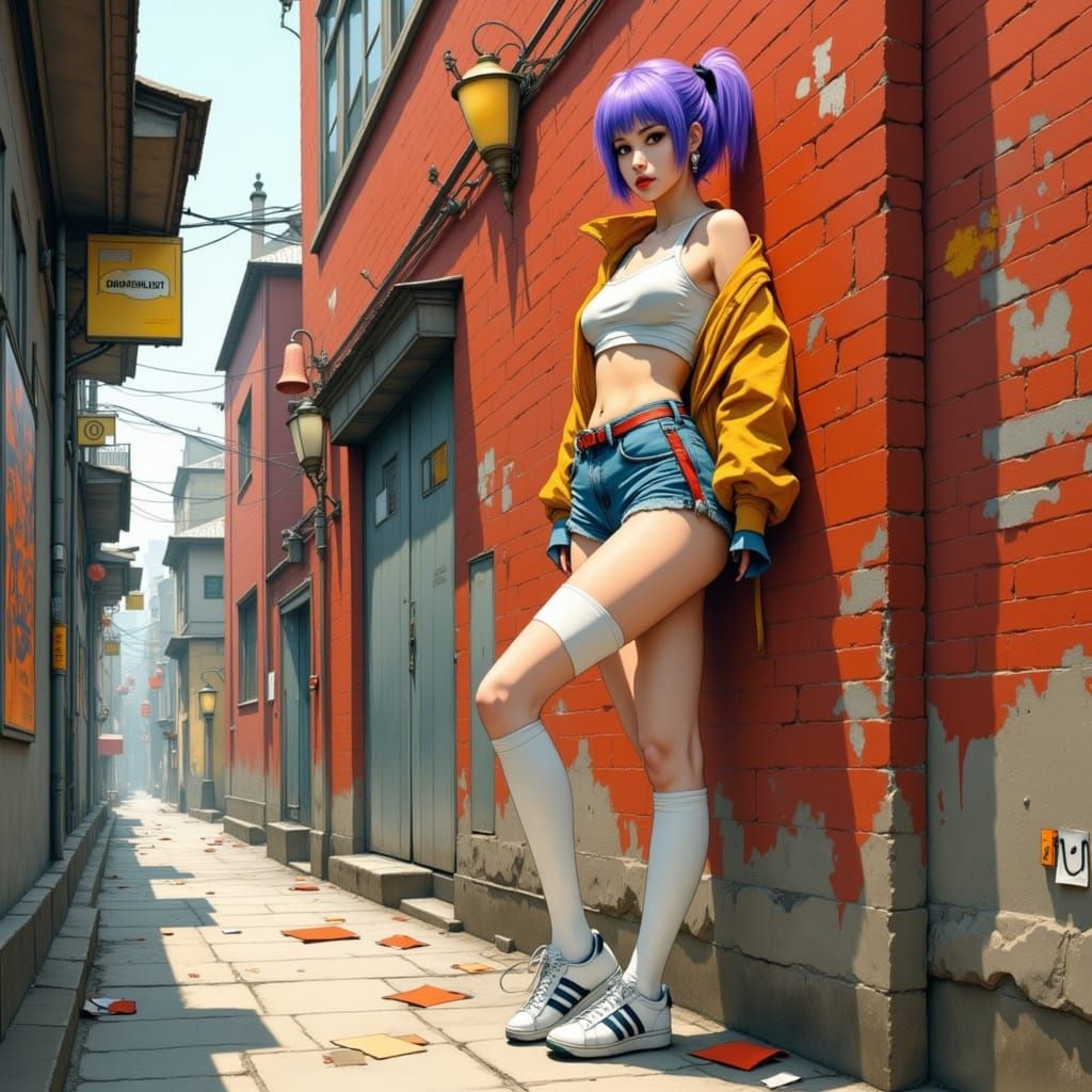 Futuristic Woman in Urban Alley, Anime-Inspired Art