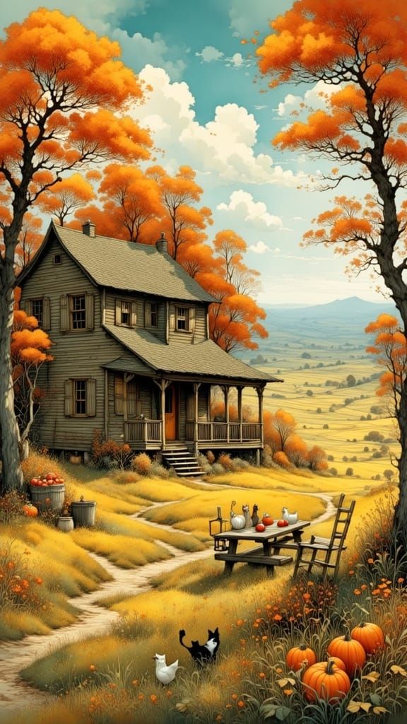 Cozy Log Cabin on Autumn Farm with Cats and Chickens