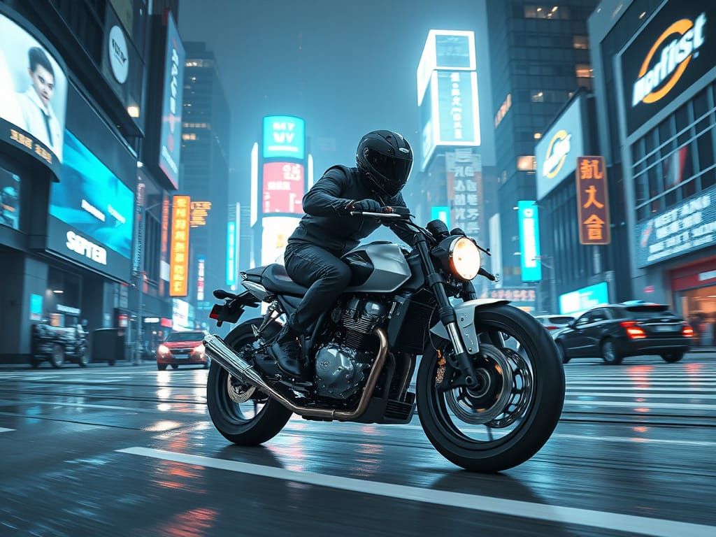 Futuristic Motorcycle in Neon Cityscape: Hyperrealistic Styl...