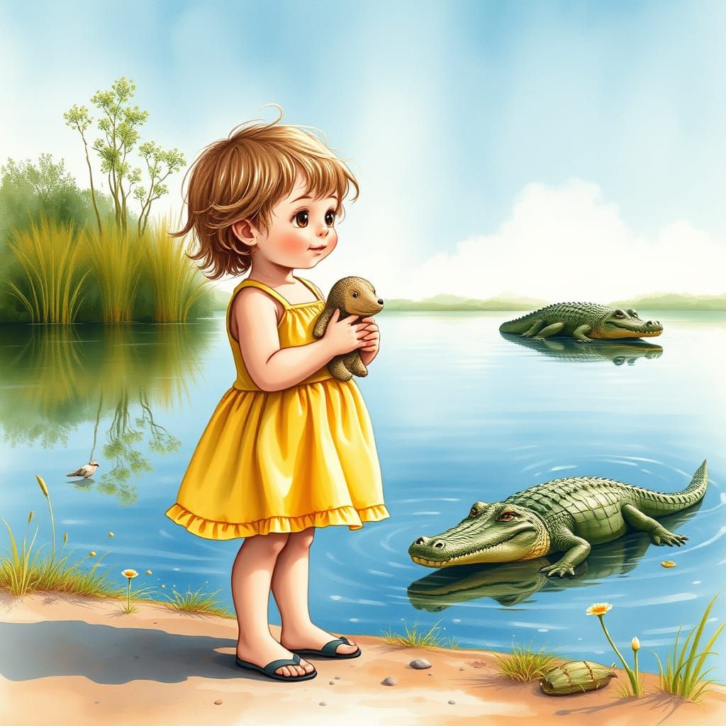 Whimsical Toddler's Serene Lake Encounter in Watercolor Styl...