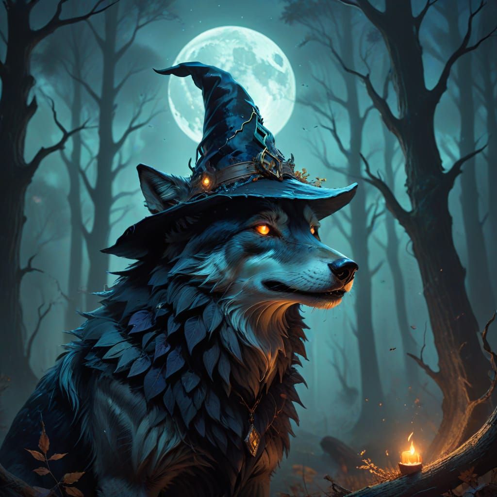 Stylized Wolf in Witch Hat in Mystical Halloween Forest