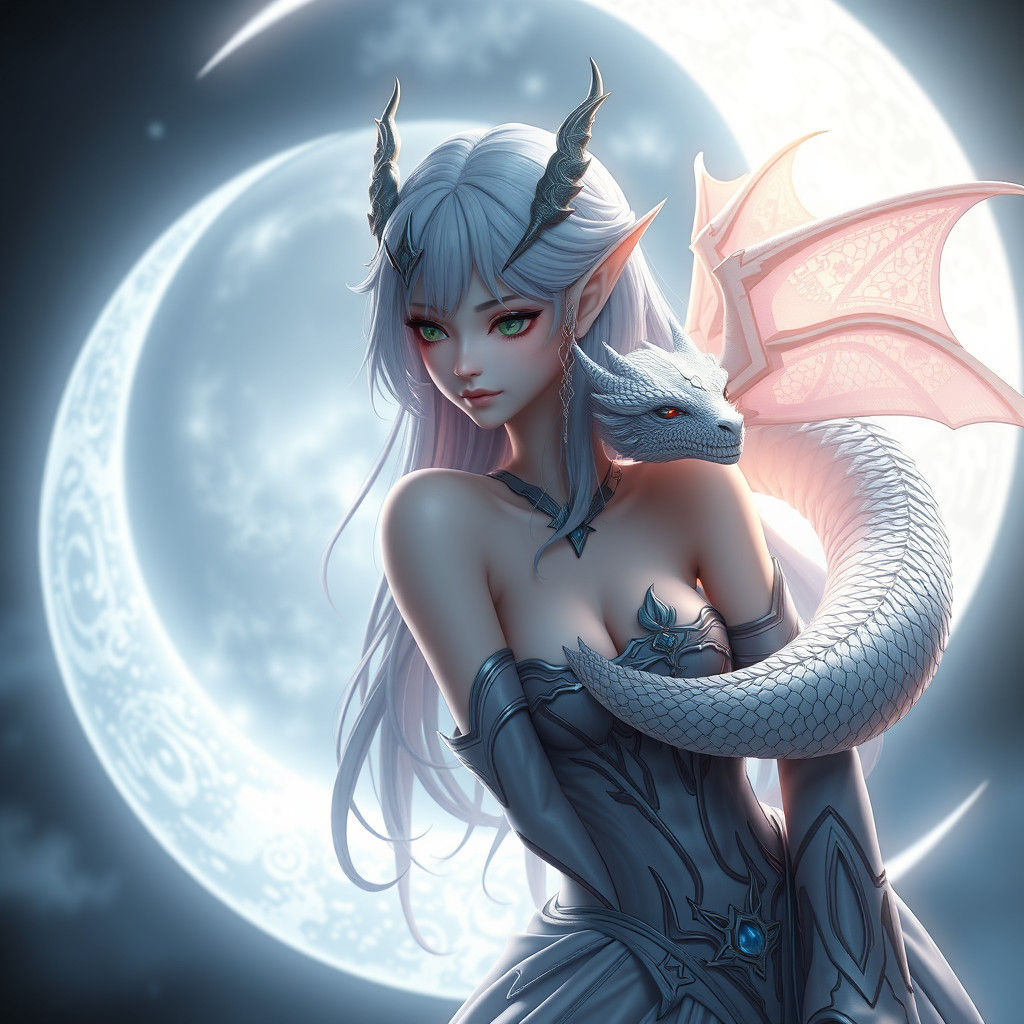 Moon Elf with Dragon in Anime Style