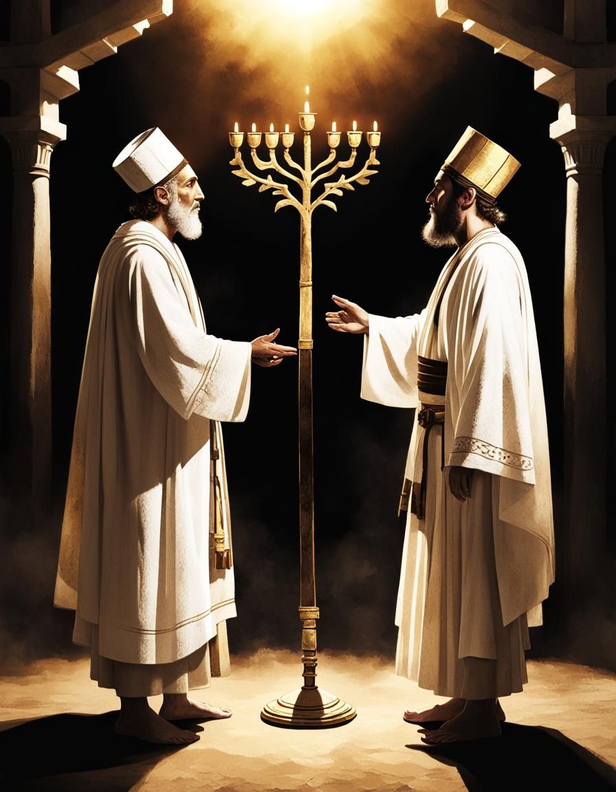 Menorah Between Jewish and Greek Figures in Oil Painting Sty...