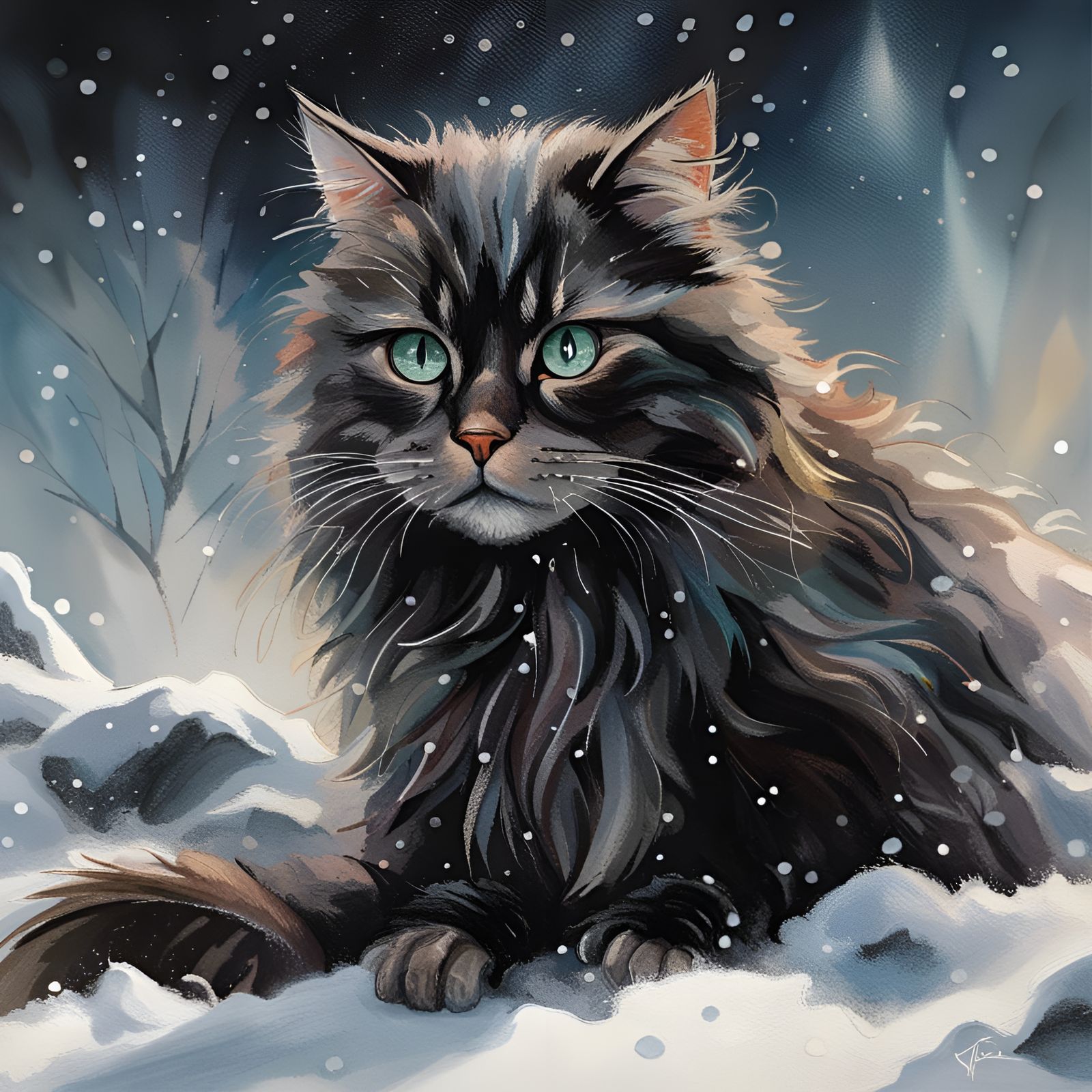 Black cat, winter scene, ethereal fantasy hyperdetailed, by Thomas Kinkade