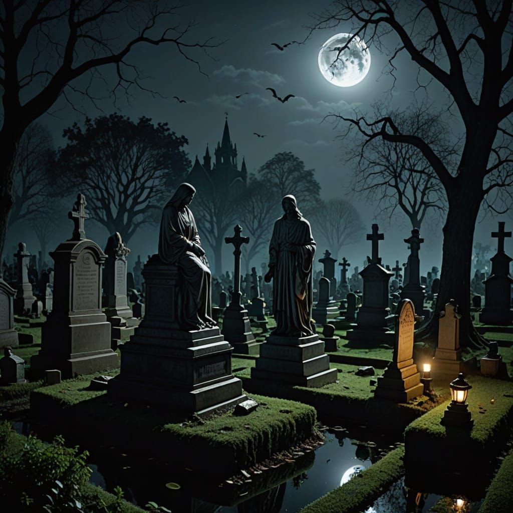 Eerie Moonlight Garden in Graveyard with Statues