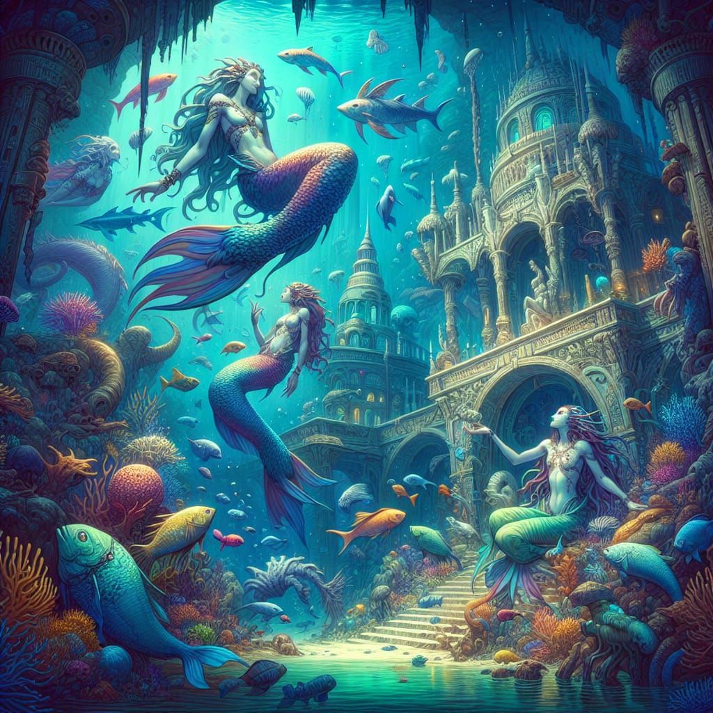 An enchanting world beneath the sea, with merfolk, sunken ci...