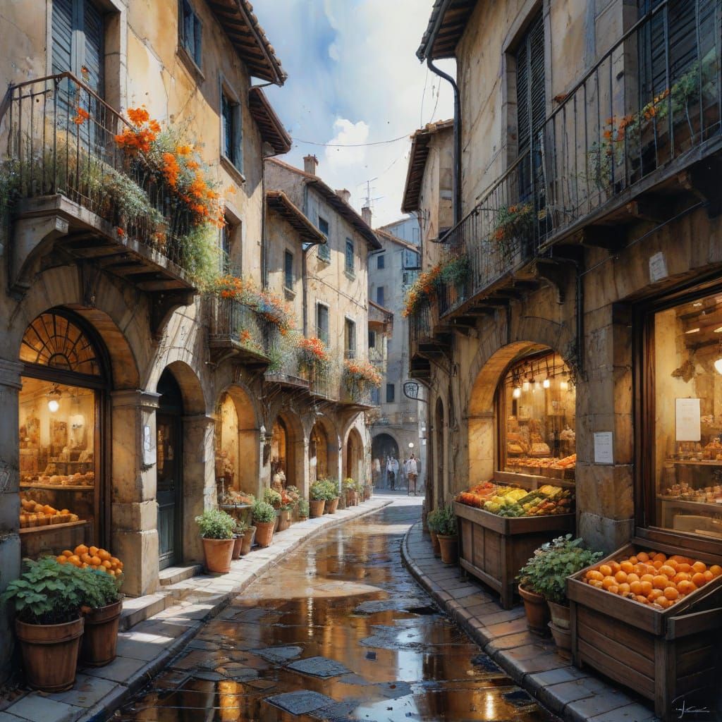 Charming Italian Village Street Scene in Watercolor Style