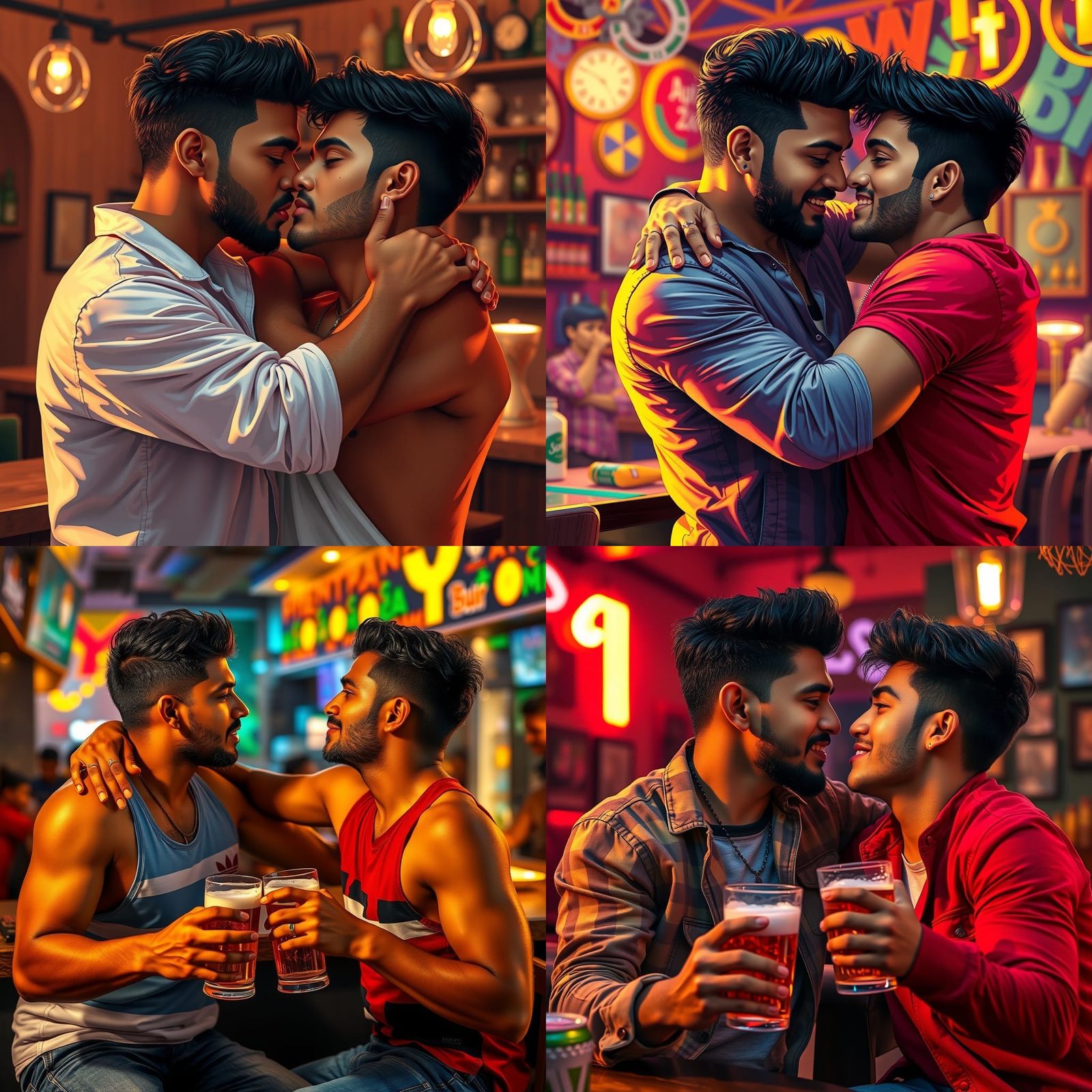 Hyperrealistic Image of Two Men Embracing in a Bar
