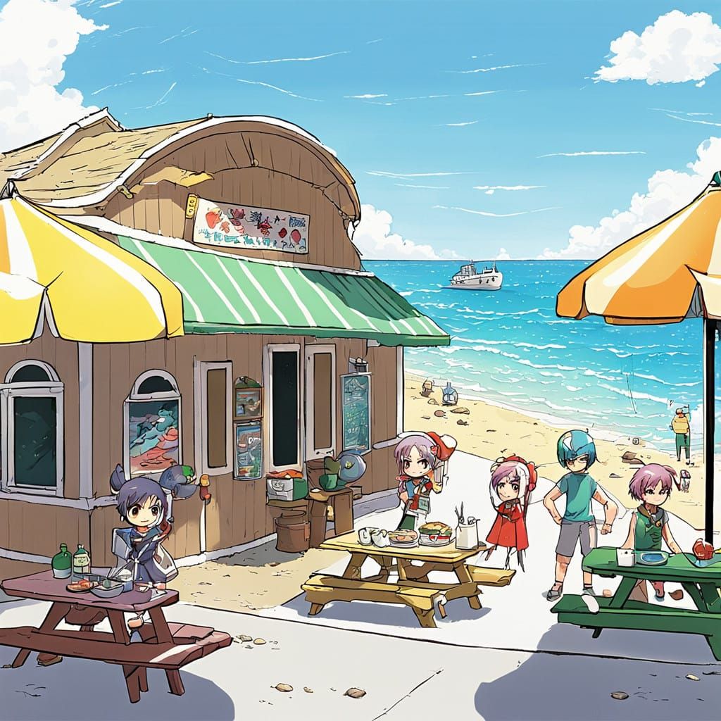 Cyborgs on Vacation in a Whimsical Beach Scene