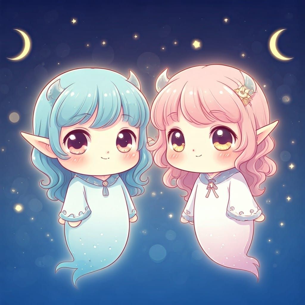 Kawaii Spirits with Big Eyes on Dreamy Background