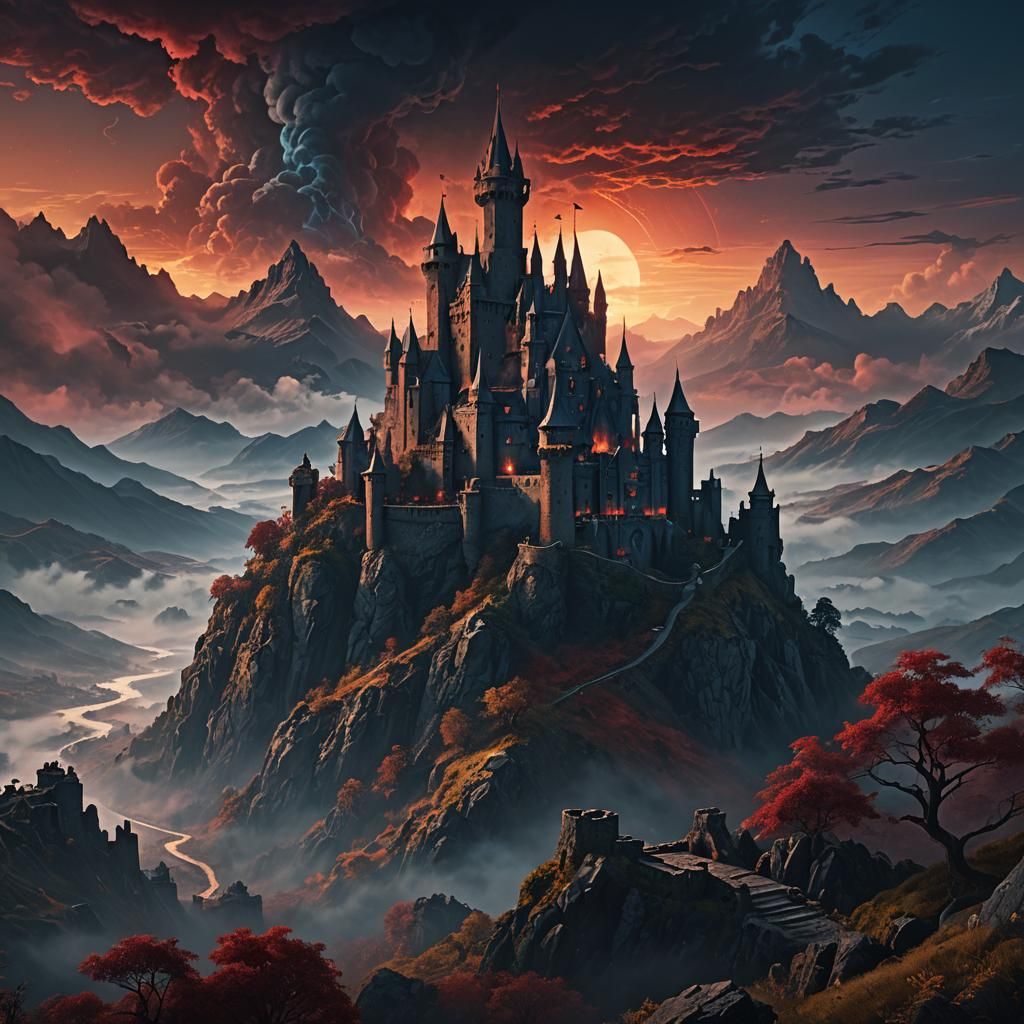 Dramatic Castle on Mountain in Eerie Mist