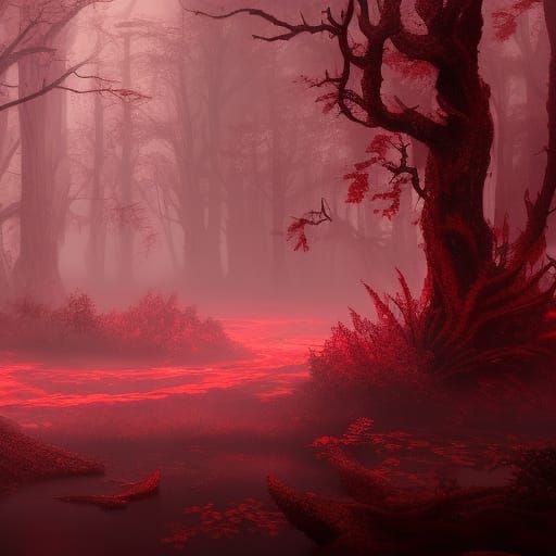 A blood red river in a dark and foggy forest