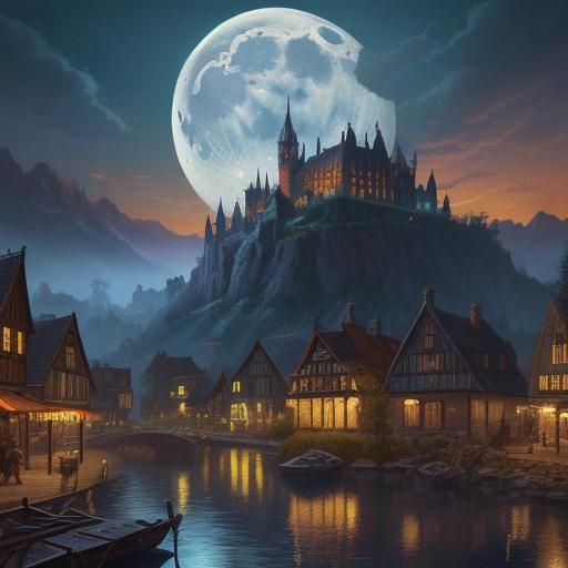 Moonlit Gathering: Animals in a Town Square