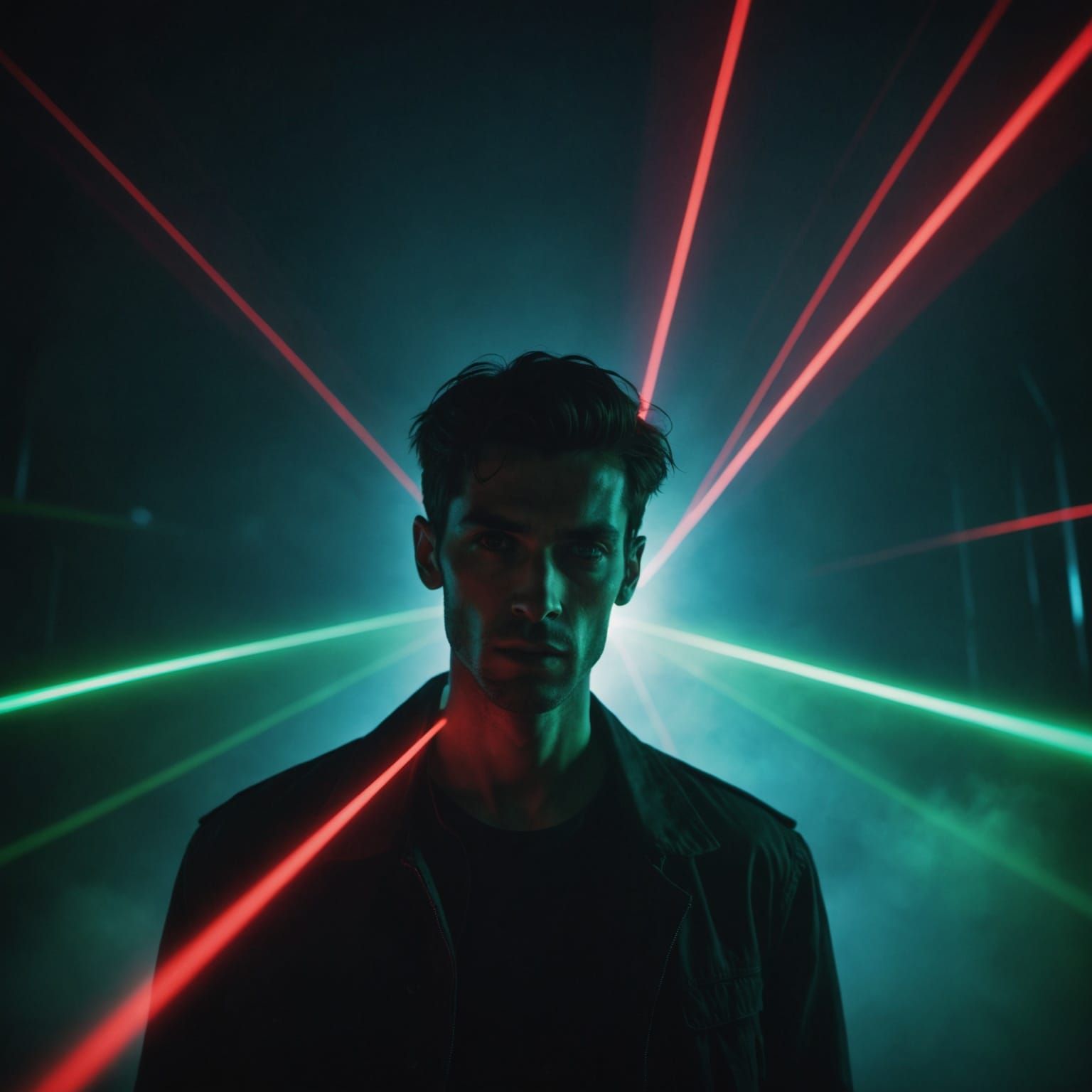 Laser Beams Emerge From Fog: Sci-Fi Film Still