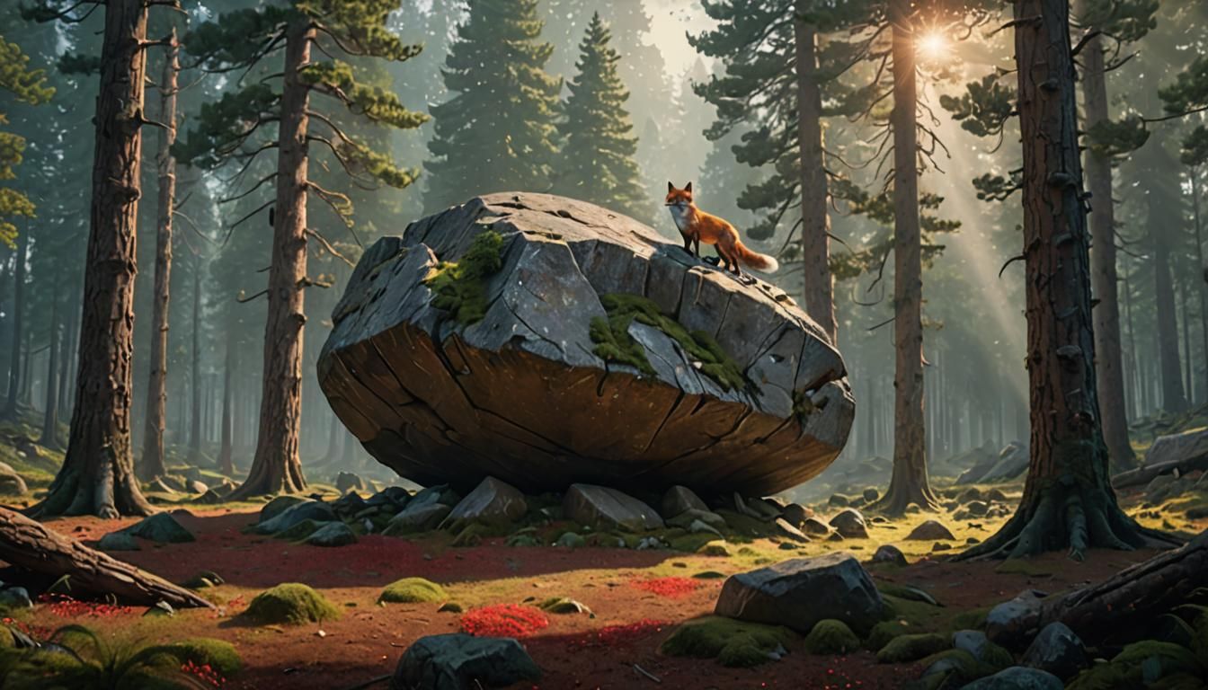 Mystical Boulder in Pine Forest, Thomas Kinkade Style