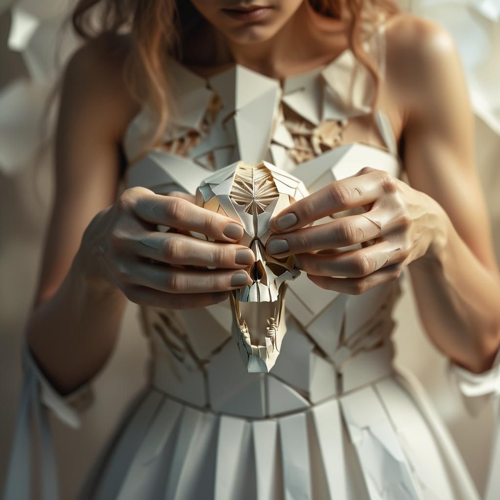 Origami Skull Portrait in Surreal Dark Fantasy Style